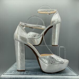 Jessica Simpson Women’s Palyn Shimmer Rhinestone Platform Sandals Silver Sz 8.5M